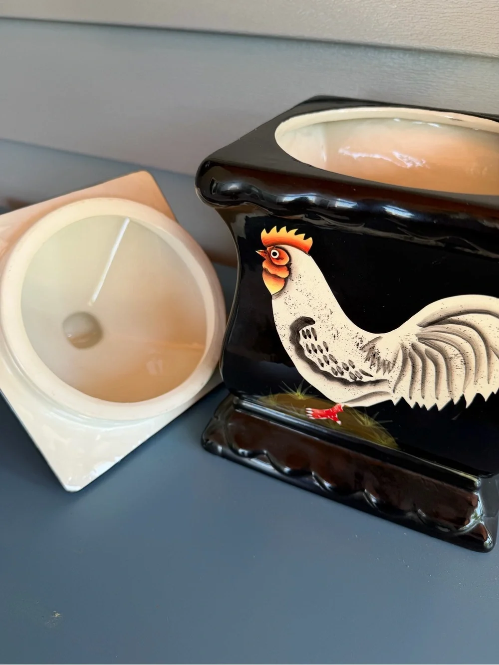 Vintage Black Ceramic Rooster Storage Canister with Lid